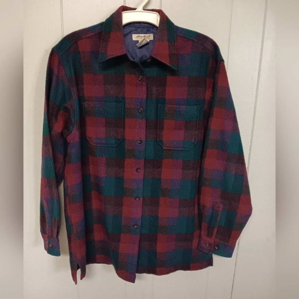 EDDIE BAUER WOMENS SZ L WOOL SHIRT JACKET PLAID RED GREEN BLUE